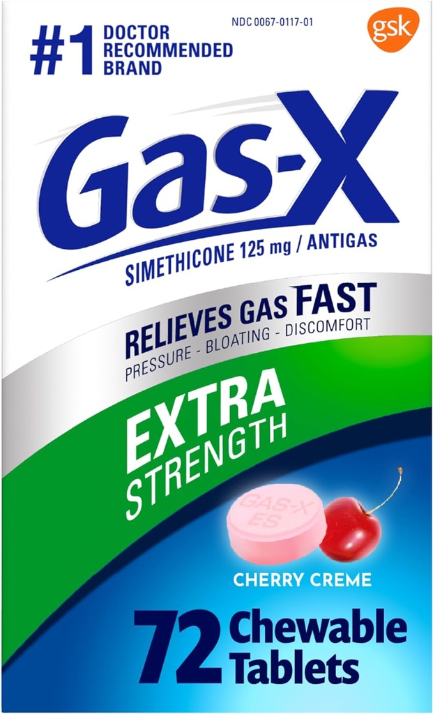 Gas- X ekstra styrke tyggetabletter med Simeticone 125 mg til bloating relief, Cherry - 72 Greve