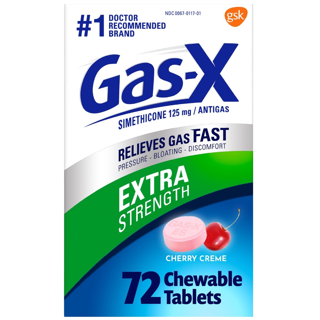 Gas- X ekstra styrke tyggetabletter med Simeticone 125 mg til bloating relief, Cherry - 72 Greve