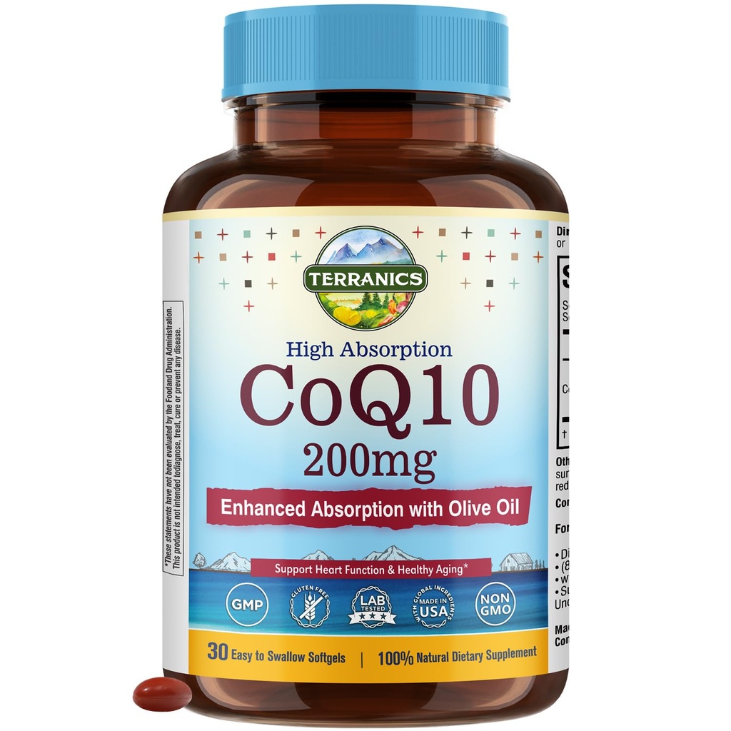 Terranics CoQ10 200mg, Coenzyme Q10 with Extra Virgin Olive Oil for High Absorption, No Gluten, Non-GMO, for Heart Health, Energy, Antioxidant Capacity, 30 Easy to Swallow Softgels