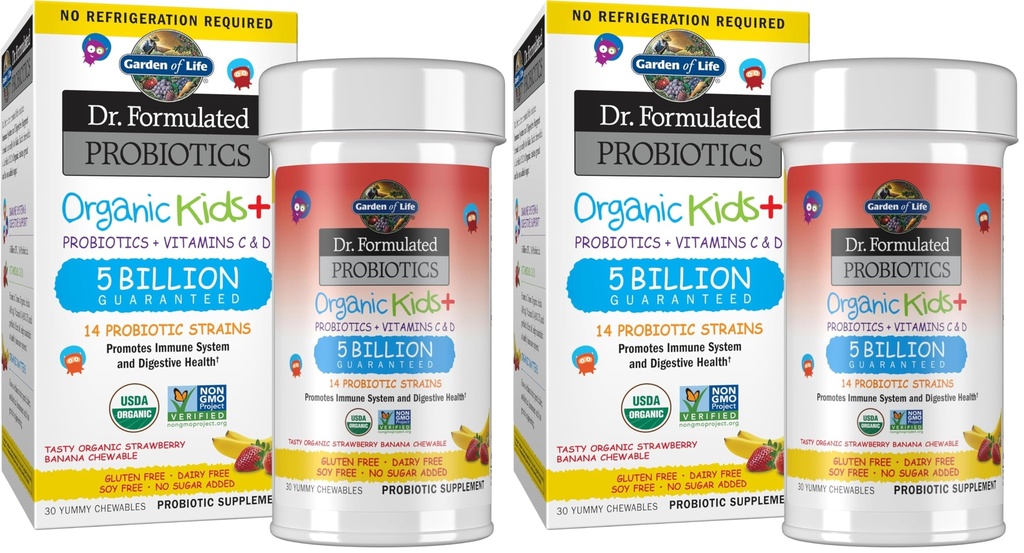 Garden of Life Dr. Formulated Probiotics Organic Kids+-Digestive Health Support-Prebiotic Fiber&Vitamins C&D-Supports Immune Function-Shelf Stable-Strawberry Banana,30 Yummy Chewables,(Pack of 2)