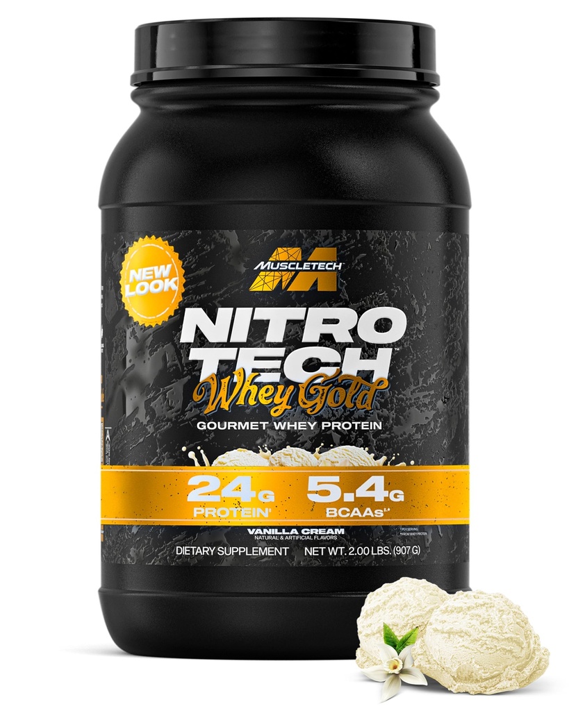 MuscleTech Whey Protein Powder (Vanilla Cream, 2LB) - Nitro- Tech Whey Protein Isolate Smoothie Mix for Lean Muscle & Recovery - 24g af Whey Gold for kvinder & mænd - Packaging May Vary