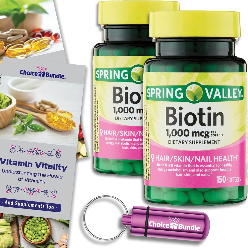 Choice Bundle Spring Valley Biotin Softgels 1000mcg Dietary Supplement for Hair Skin Nail Health 150 Ct 2 pk (300 Total) + Vitamin Guide & Pill Container (4 Items)!