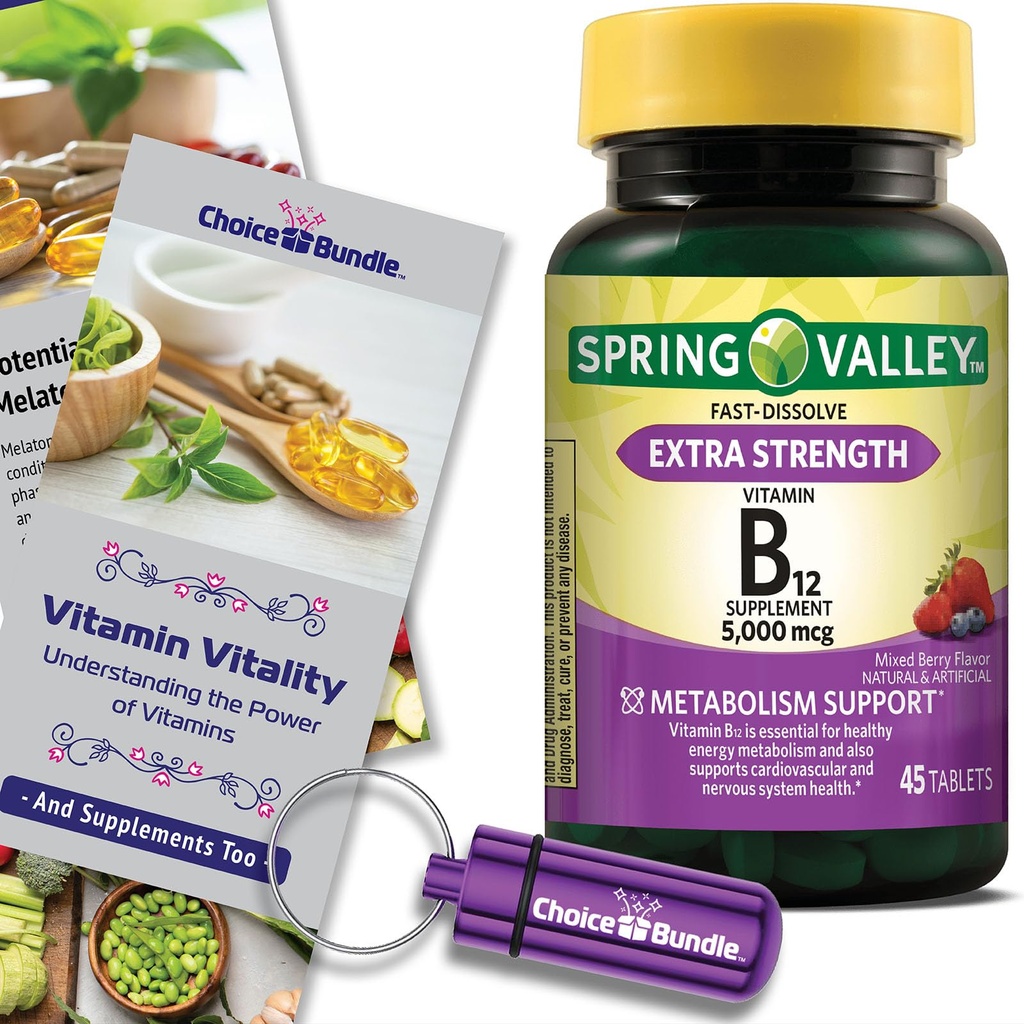 Spring Valley Vitamin B12 Fast Dissolve Tablets Extra Strength Metabolism Support 5000 mcg 45 Ct Plus Vitamin Vitality & Pill Buddy (3 Items)!