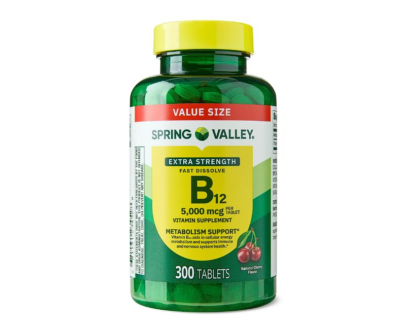 Vitamin B12 Supplement Extra Strength, 5000 mcg, 300 Count, Cherry, Fast Dissolve Tablets for Metabolism Support + Daily Supplement Tracker Sticker