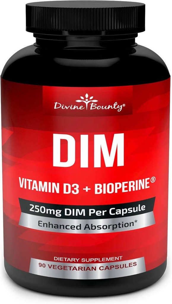 DIM supplement 250 mg med vitamin D3 Plus BioPerine - diindolylmethan Menopause & Østrogen støtte, Hormonbalance støtte til kvinder og mænd - 90 Vegetariske Caps