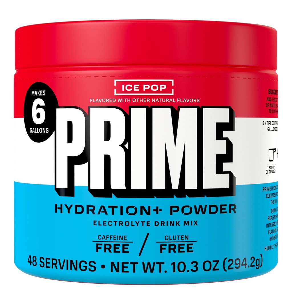 PRIME HYDRATION+ Electrolyte Powder, Ice Pop, Sugar Free Hydration Drink Mix with Potassium, Magnesium & B Vitamins to Replenish Fluids, Caffeine Free, 6 Gallon Tub, 48 SRV