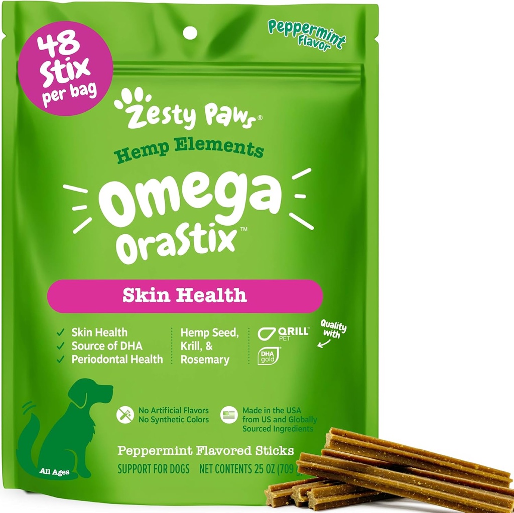 Zesess Paws OraStix til hunde - Omega sticks med Hamp Salmon Krill Oil Bone Broth Anti-Itch hudcoat pleje Hip & fælles sundhed hjerte immunsystem støtte hund tartar tænder rengøring 25oz