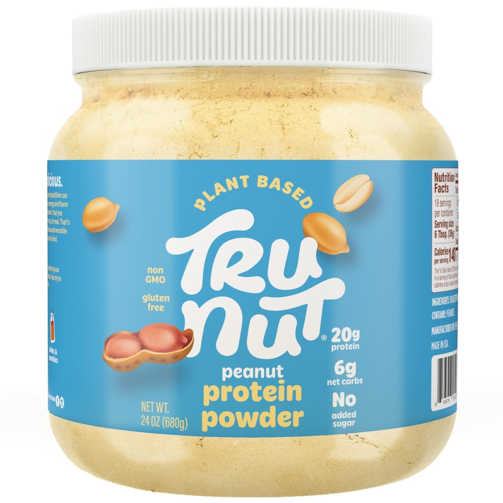 Tru-Nut Peanut Protein Powder – 2 Clean Ingredients (Roasted Peanuts & Pea Protein) – High Protein, No Sugar or Additives – Great Peanut Flavor for Smoothies, Shakes, Oatmeal & Baking, 24oz Jar