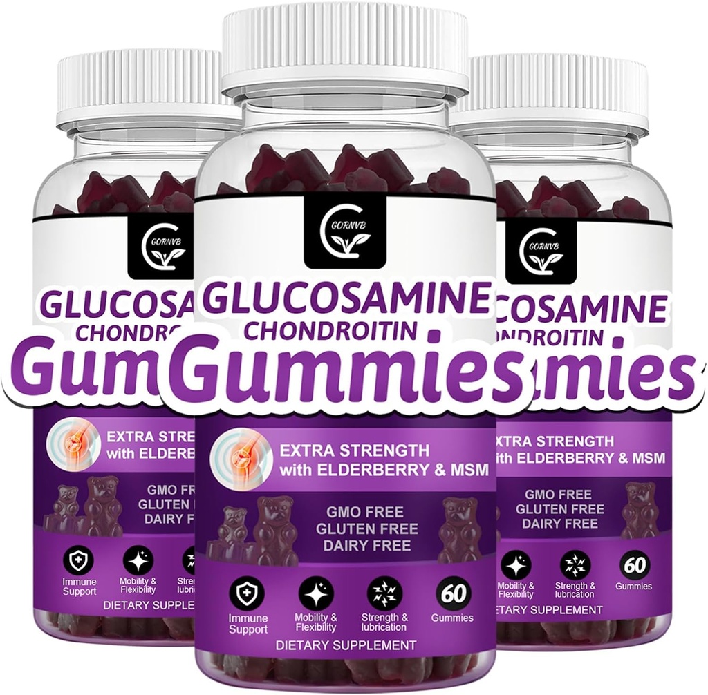 Glucosamin Chondroitin Gummies med MSM & Elderberry - Ekstra styrke Mobilitet & Fleksibilitet Support, Antioxidant immunsupplement til voksne, Mænd & Kvinder - 60 Chondroitin Gummies (3 Pack)