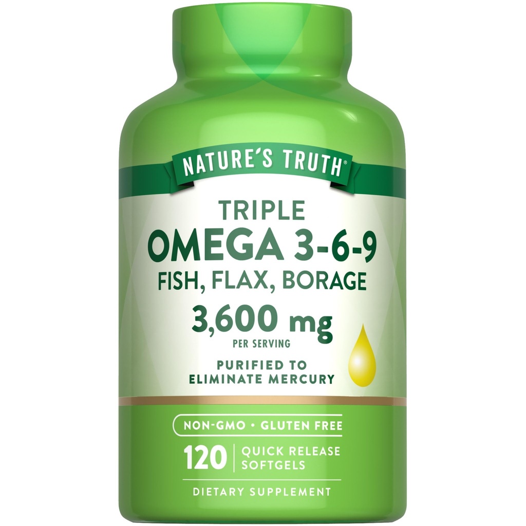 Nature's Truth Omega 3-6-9 Softgels | 3600mg | 120 Count | Fish, Flax, and Borage Oil | Triple Strength | Non-GMO & Gluten Free Supplement