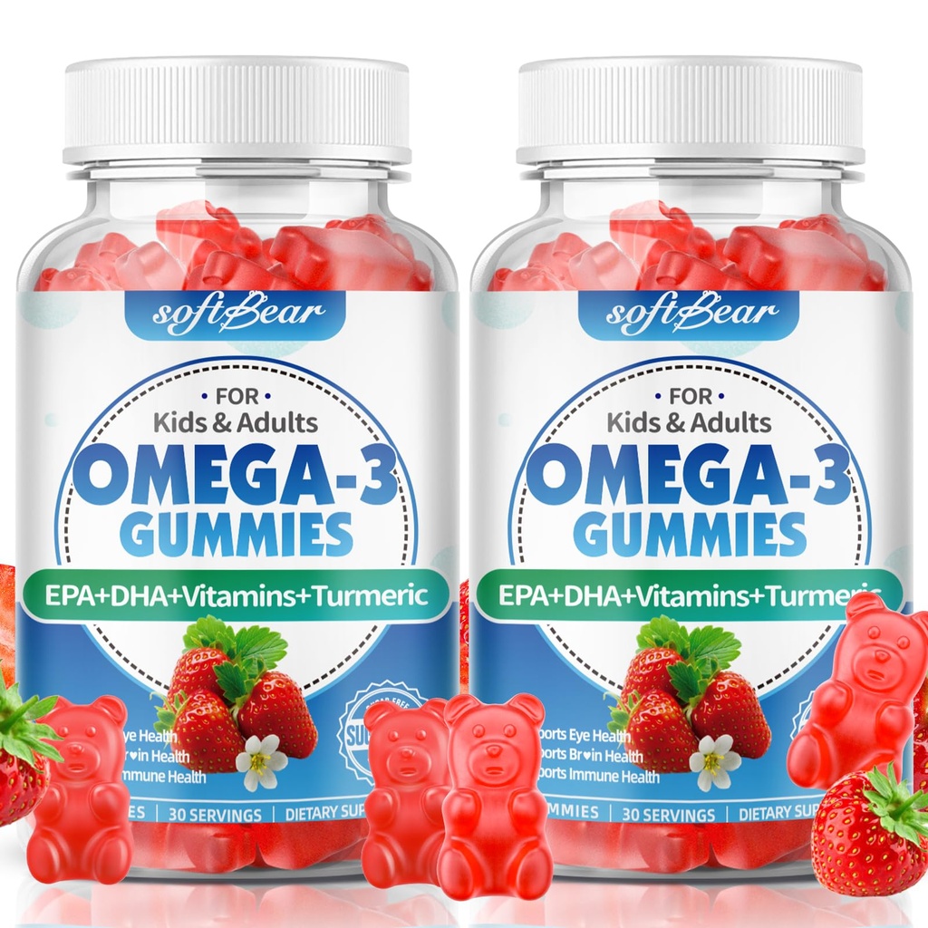 softbear Omega 3 Gummies for Women & Men & Kids Omega 3 Supplements 1200mg Vegan Omega 3 Fatty Acids DHA EPA with Vitamins Support Eye & Brain Health, Sugar Free, Strawberry Flavor 120 Count