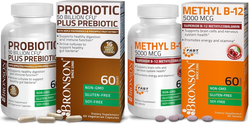 Bronson Probiotisk 50 Millioner CFU + Prebiotisk med Apple Polyphenoler & Ananas Frugt Extract + Methyl B12 5000 mcg Vitamin B12 Methylcobalamin