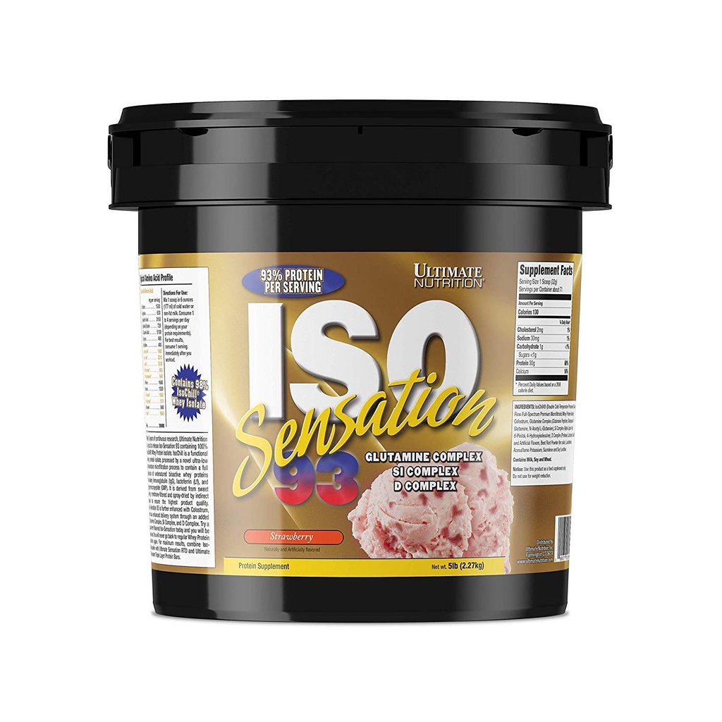 Ultimate Nutrition Iso Sensation 93 med Glutamin, Whey Protein Isolate Powder, 30 Bedste Protein, Lav Carb Protein Shakes, Keto Friendly, 5 Pounds, Jordbær Aromatiseret