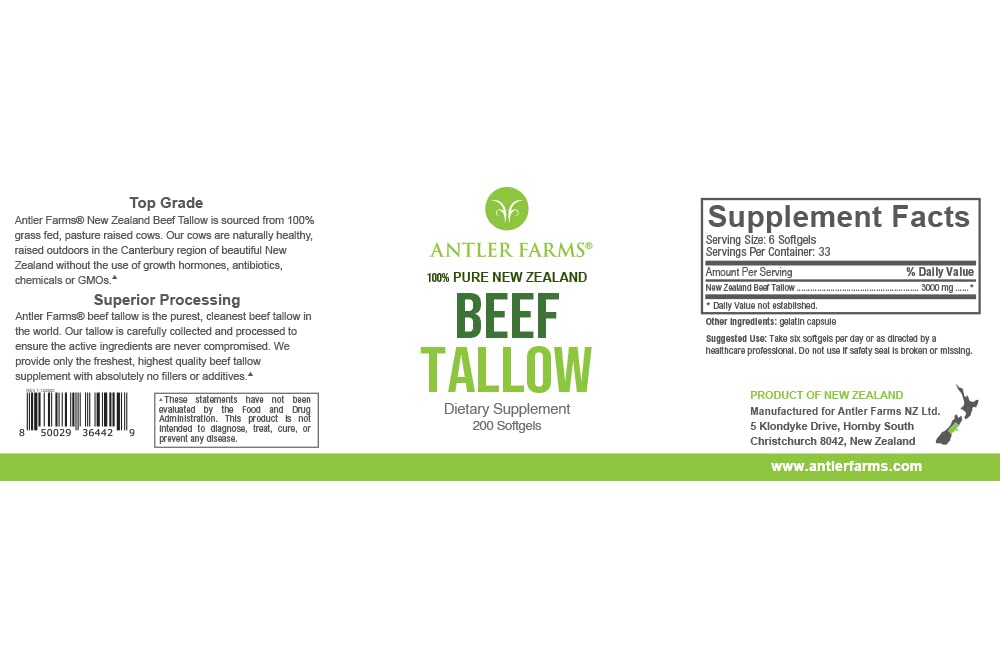 Antler Farms - 100% Pure New Zealand Oksekød Tallow - Græs Fed, Pasture Raised, Top Grade, Renset og filtreret, Natural Beef Tallow - 200 Softgels, 500mg