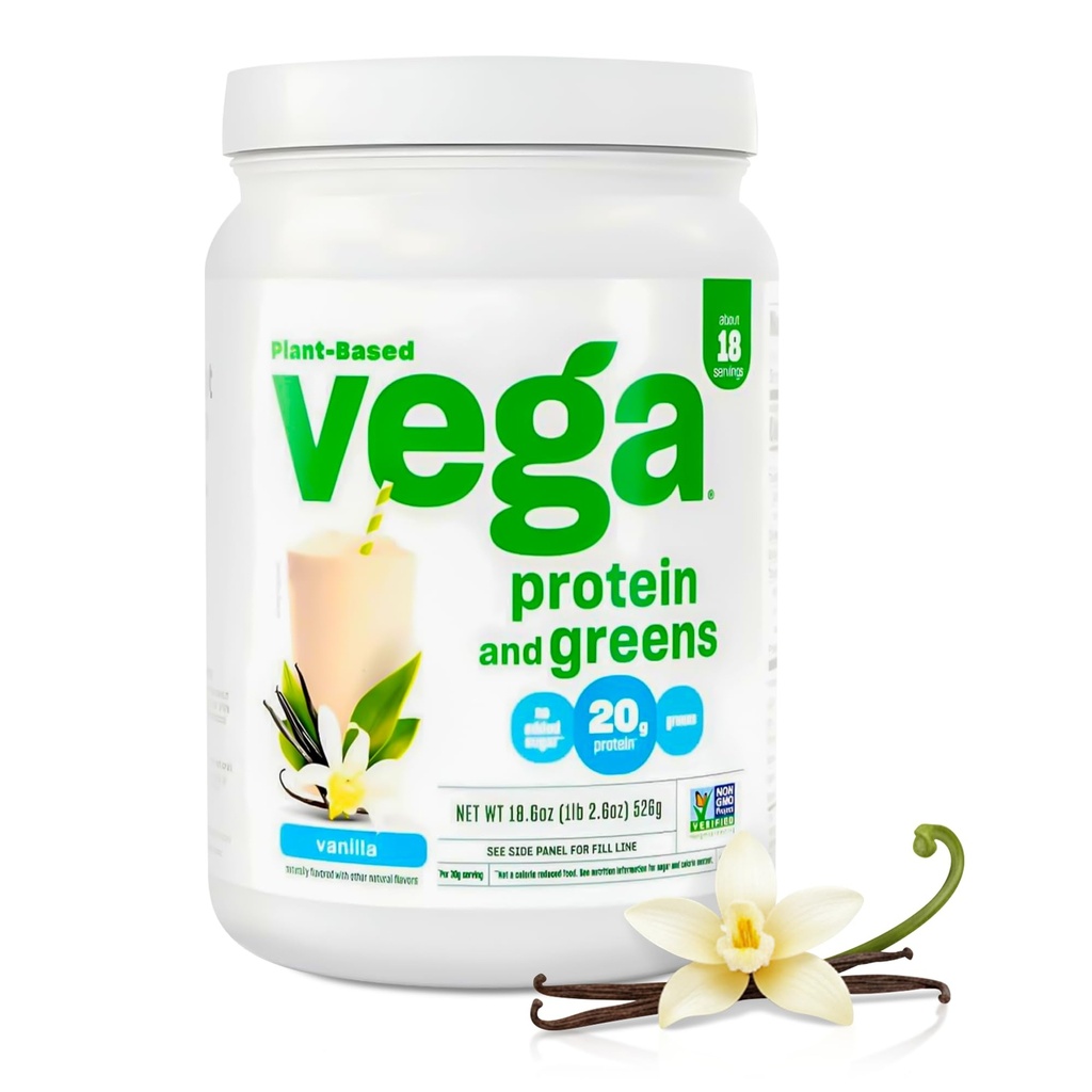 Vega Premium Protein + Supergreens, Vanilla – 20g Vegan Protein, Dairy & Gluten Free, 19.2 oz (18 Servings)