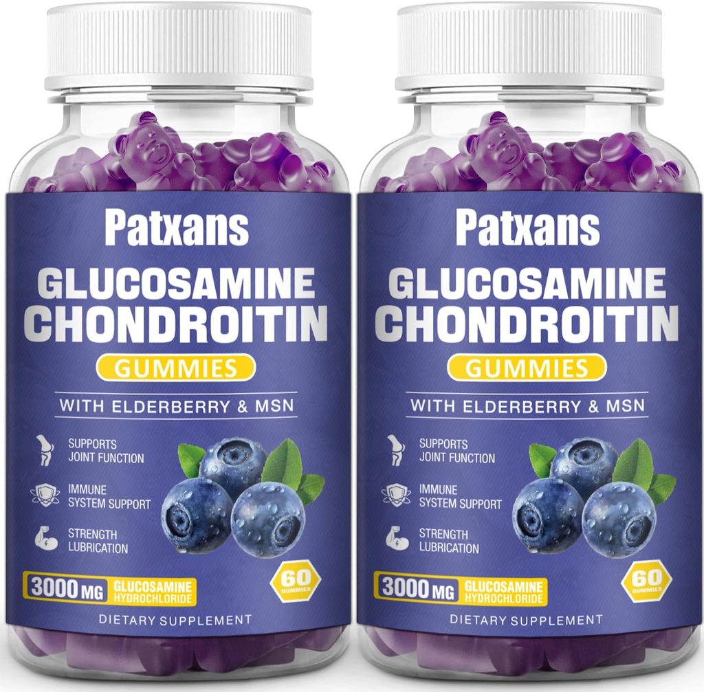 2 Pakker 3000MG Glucosamine Chondroitin Gummies - Ekstra styrke fælles sundhed & MSM Elderberry Naturlige fælles Support, Fleksibilitet, Antioxidant immunforsvar til voksne, 120 Gummies.