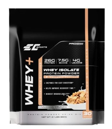 EC Sports Whey+ Protein Powder, Cinnamon Crunch Mix w/Digestive Enzymes - Isolate Supplement, Collagen Peptides w/Swift Reform - 30 Servings