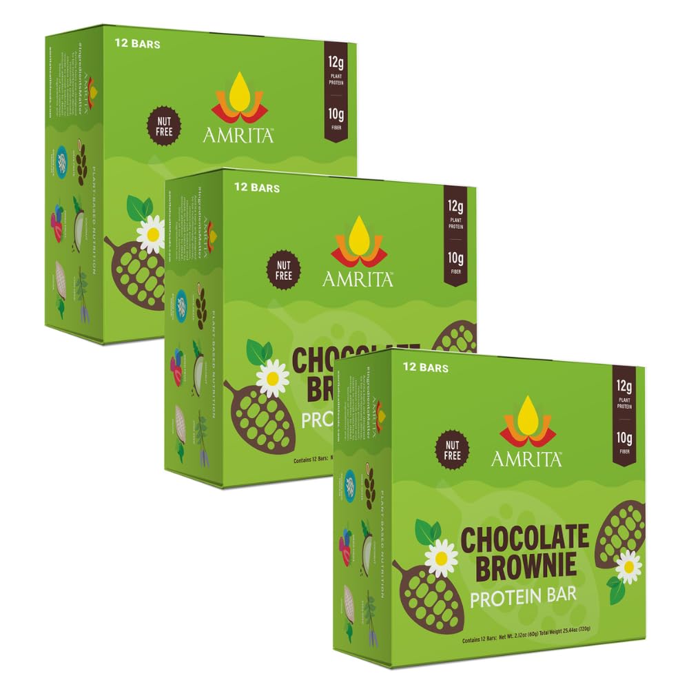 Amrita Nut Free Chocolate Maca Vegan Protein Bars (12 Count PK of 3) | 12g Plant-Based Protein Bar | Peanut Free, Gluten Free, and Dairy Free | Low Sugar, High Fiber, Healthy School-Safe Snacks