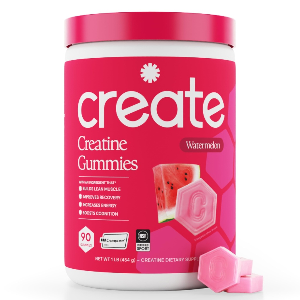 Opret Creatine Monohydrate Gummies for Mænd & Kvinder - Boost Focus, Styrke og Endurance, Anti- Smelteformel, Vegan, Gluten- Free, Non- GMO, 1,5 Gram Creatin per Gummy (Watermelon, 90 ct)
