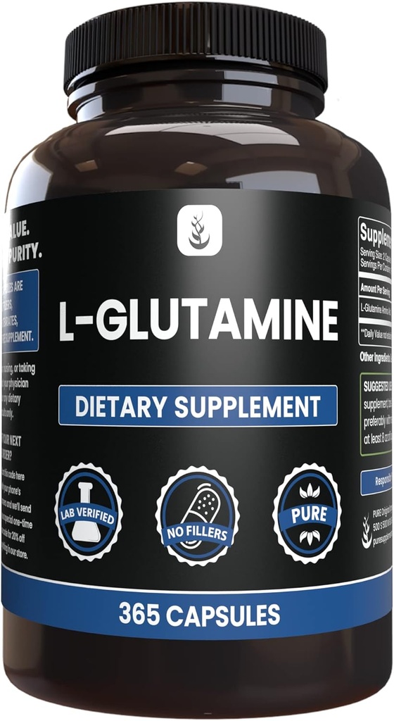 PURE ORIGINALSKE INGREDIENSER L- Glutamin (365 kapsler) Ingen Magnesium eller Rice Fillers, Altid Pure, Lab Verified