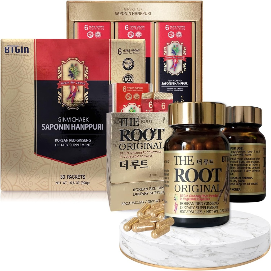 Koreansk rød Ginseng ekstrakt 3000mg og kapsler Bundle - Saponin Hampuri + The Root Original - Natural Energy Kosttilskud til immunforsvar, Stress Relief, Focus & Mental Clarity med Ginsenosid Rg3