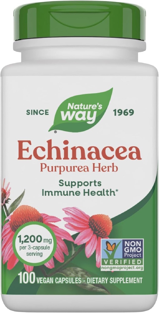 Nature 's Way Echinacea Purpurea Herb, immunsupporttillæg *, 1200 mg pr. 3- kapsel servering, Non- GMO Project Verified, Vegan, 100 kapsler (Packaging May Vary)