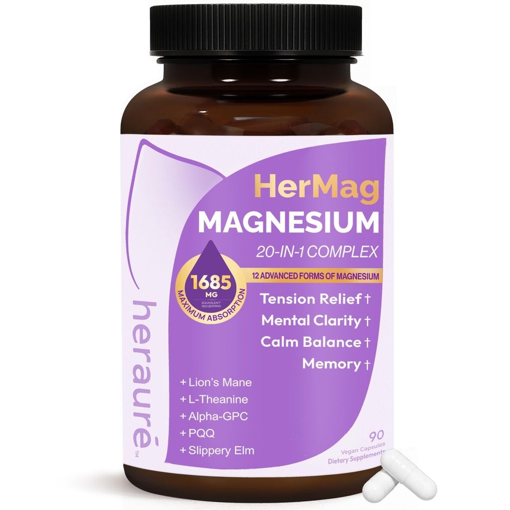 HerAure Hermag Magnesium 20-in-1 Complex Magnesium Glycinate 800mg | Magnesium Complex for Women Magnesium for Sleeep & Focus & Calm, Mental Clarity & Brain Fog 1685mg,90ct