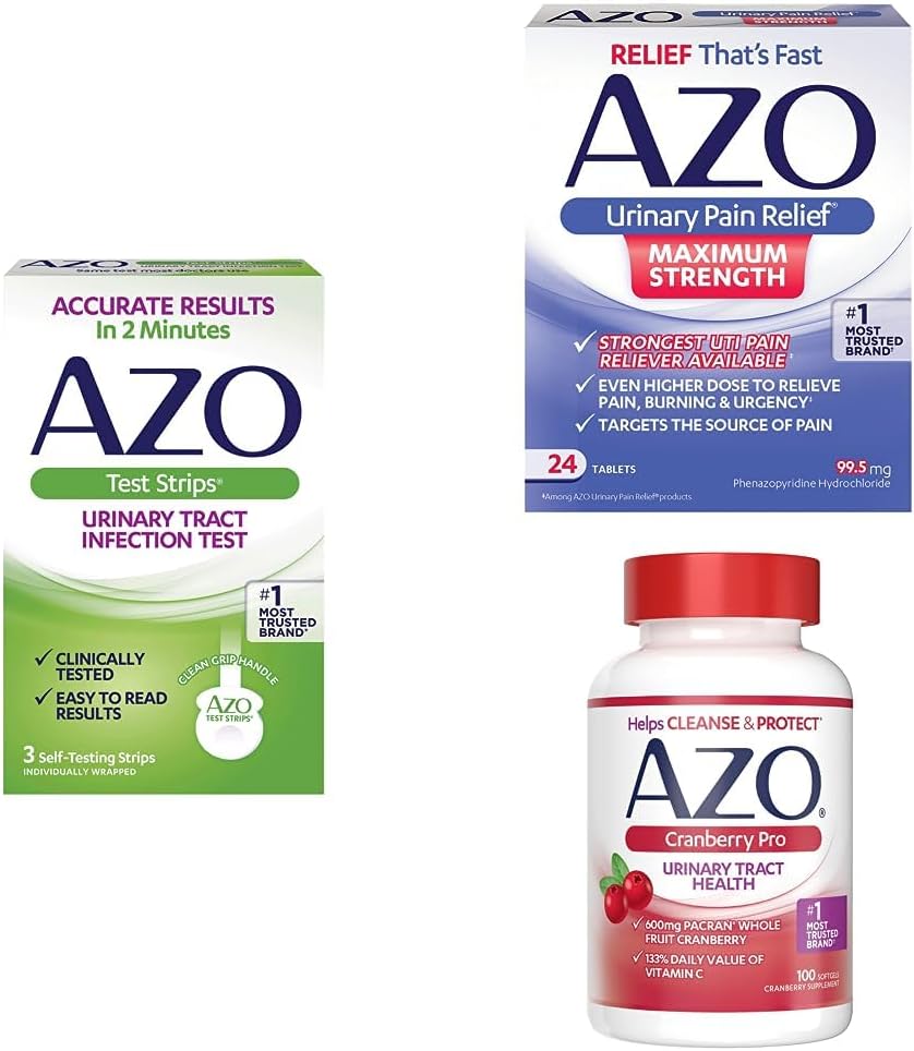 AZO UTI Pain Relief Bundle - AZO UTI Test Strips 3ct, AZO Urinal Pain Relief Max Strength 24ct, AZO Cranberry Pro Supplement 100ct