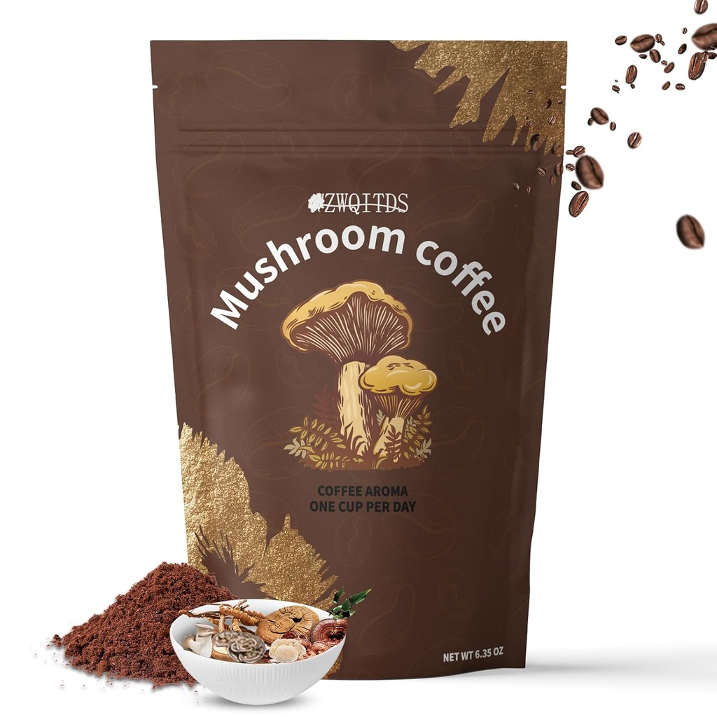 Mushroom kaffe, Instant Coffee Measures 124; med Cordyceps, Reishi, Shiitake, Tyrkiet Tail, Lions Mane for Energy, Focus, Positive Mood & Immunsupport Measures 124; 1 tbsp (6 g) Tilgængelig 30 gange