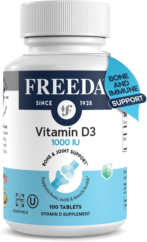 FREEDA vitamin D3- 1000 IE - Pure High Potency Kosher Supplement tabletter - Knogler og muskler Sundhed, Calcium Absorption, immunforsvar for mænd og kvinder * - 100 Tæl