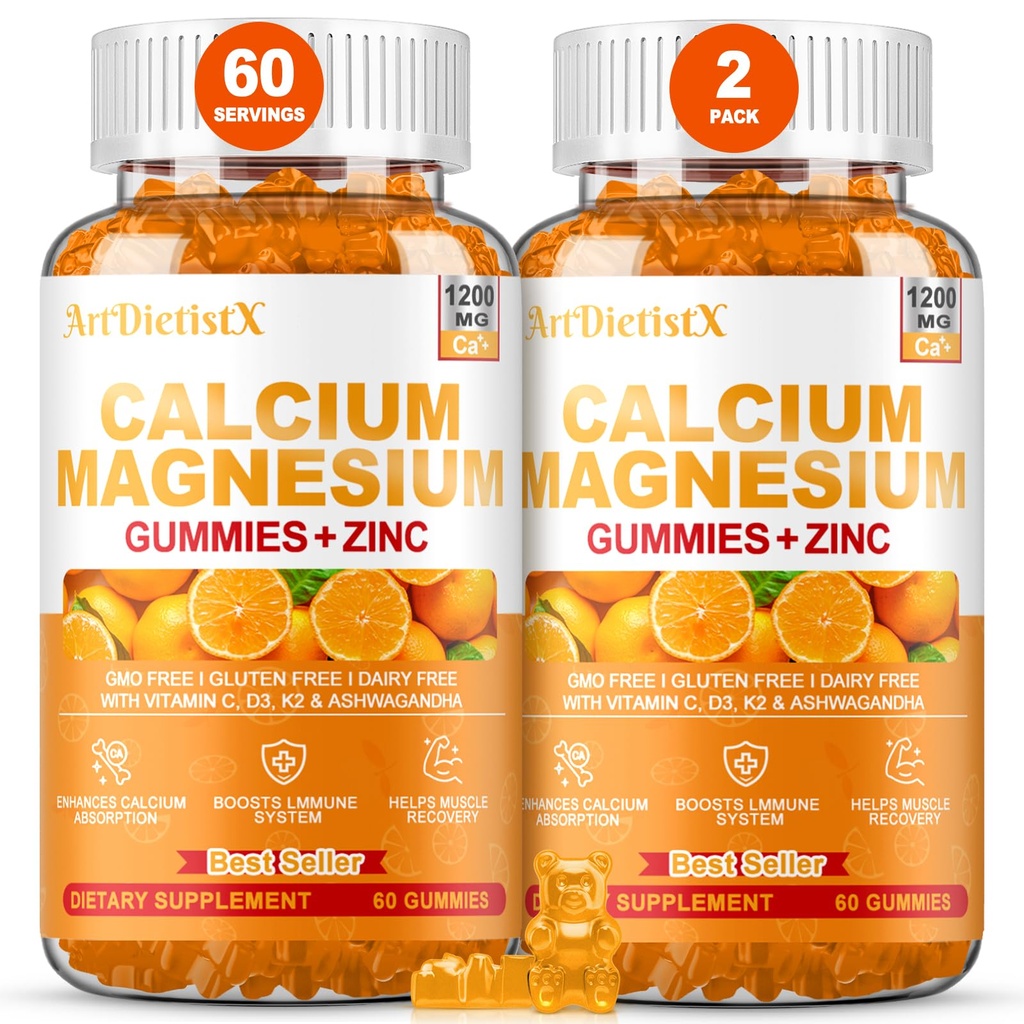 1200mg Calcium Gummies w/Vitamin D3 for Adults - High Absorption Calcium Supplement with Magnesium, K2, Copper, Boron, Zinc and Ashwagandha, Support Bone & Muscle, Sugar-Free for Women Men, 120 Count