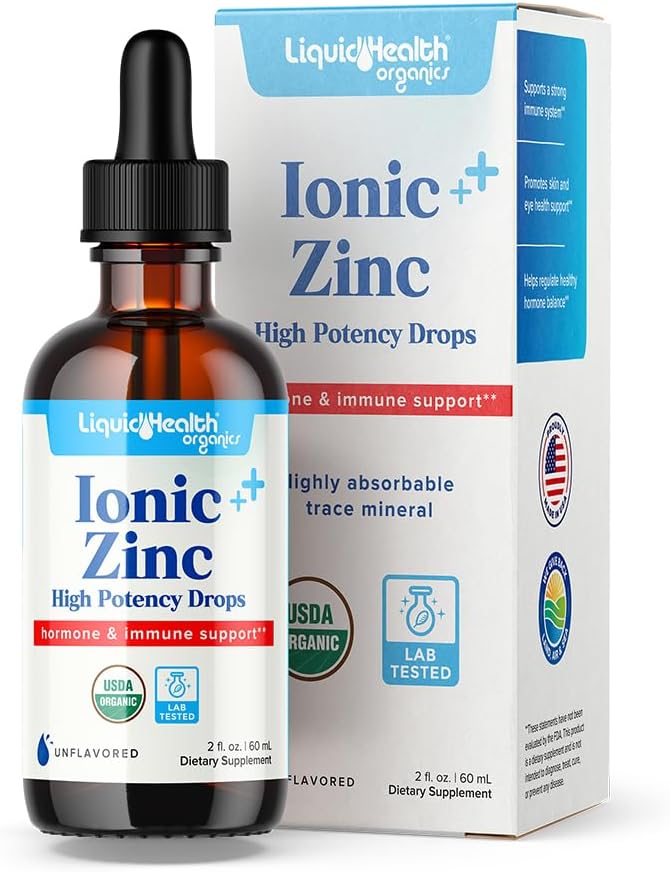 LIQUIDSUNDHED USDA Organic Ionic Zink High Potency Drops - Trace Mineral Liquid Vitamin supplement til voksne & børn - Immuno & fordøjelsesstøtte, Hud & Sår Sundhed - USA Made, Vegan, Non- GMO (2 oz)