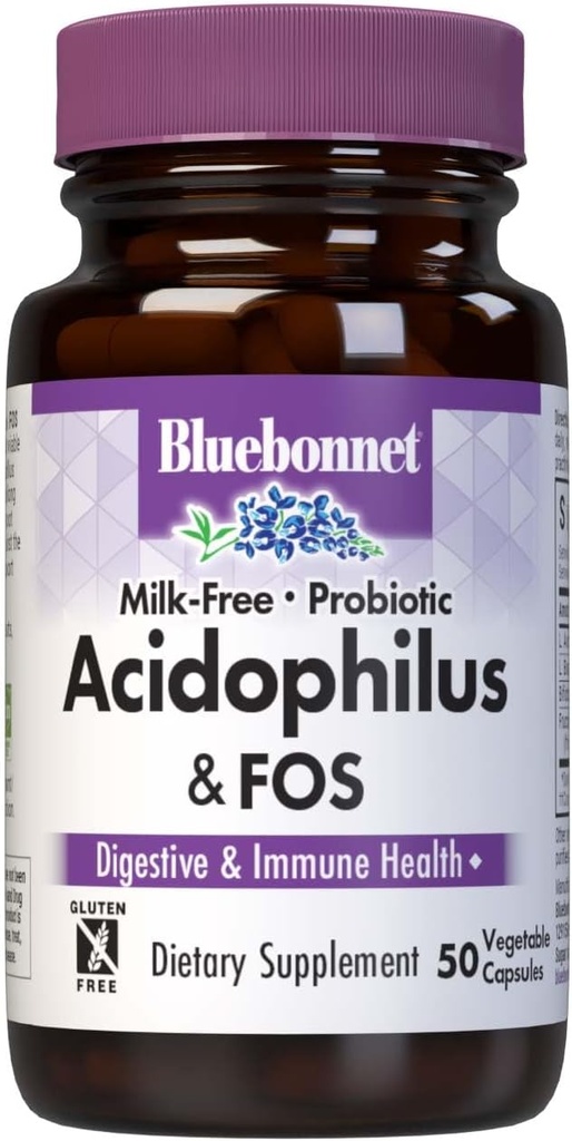 Bluebonnet Nutrition Milk- Free Probiotic Acidophilus & FOS, fordøjelsessygdomme *, immunforsvar *, Gluten- Free, Soy- Free, Dairy- Free, 50 Vegetabilske kapsler, 50 Servere