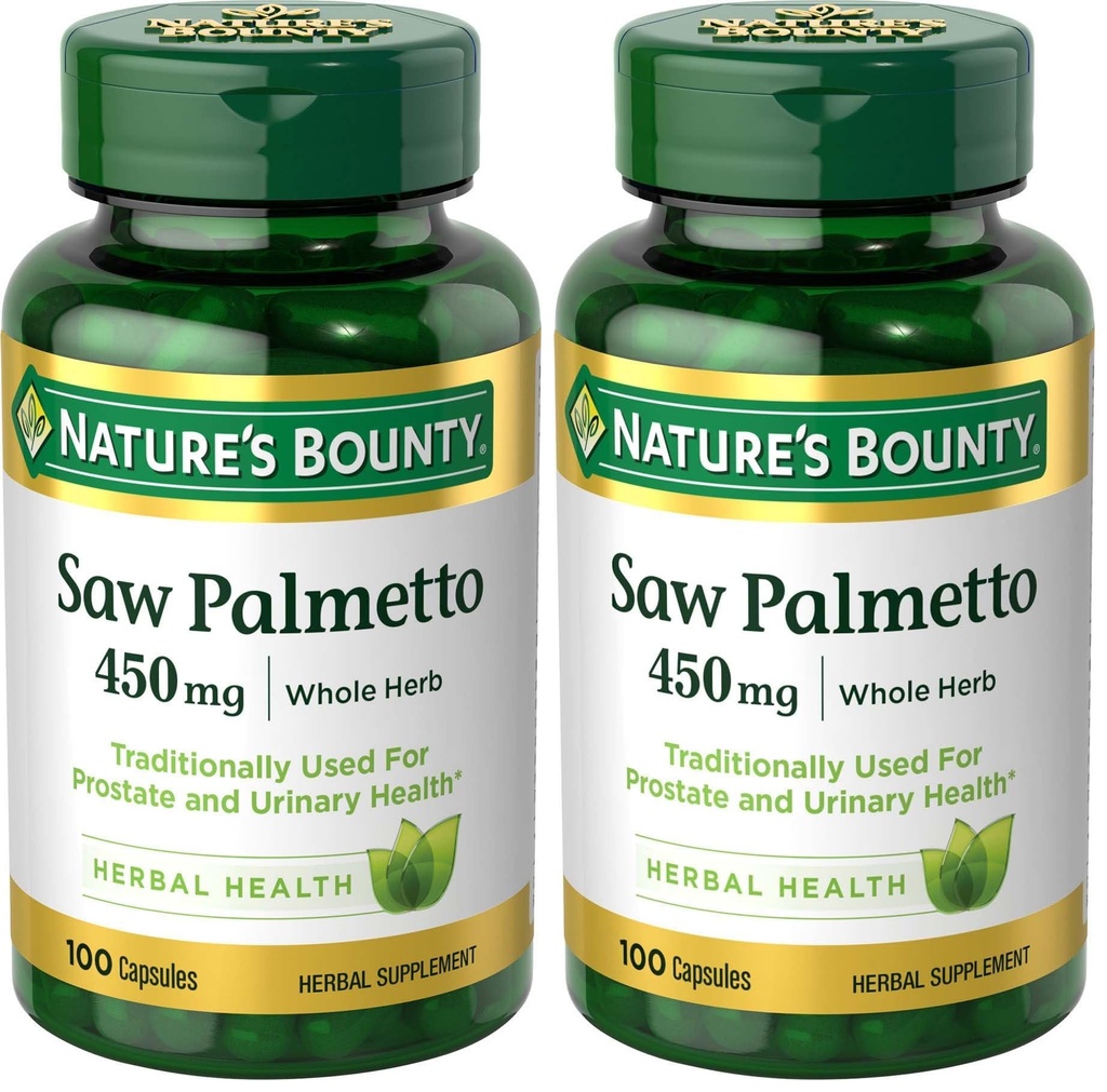 Nature's Bounty Saw Palmetto, Herbal Health Supplement, Prostate and Urinary Health, 450 mg, 100 Capsules, (Pack of 2)