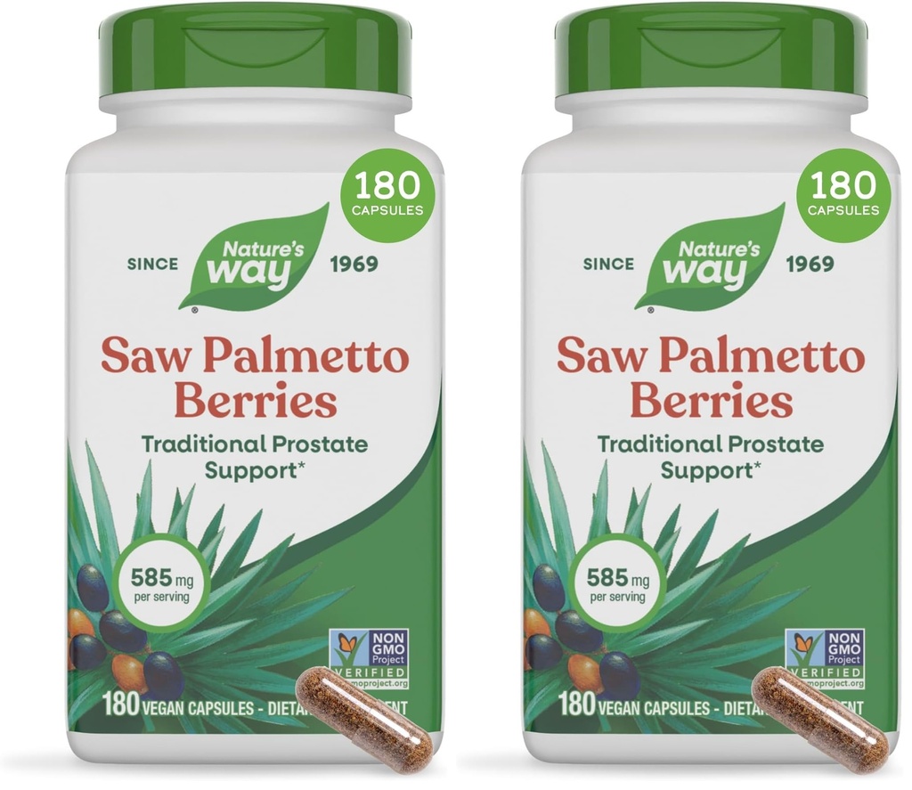 Nature's Way Saw Palmetto Berries,Traditional Prostate Support*,585 mg per Serving,Non-GMO Project Verified,Vegan,180 Capsules,(Pack of 2)