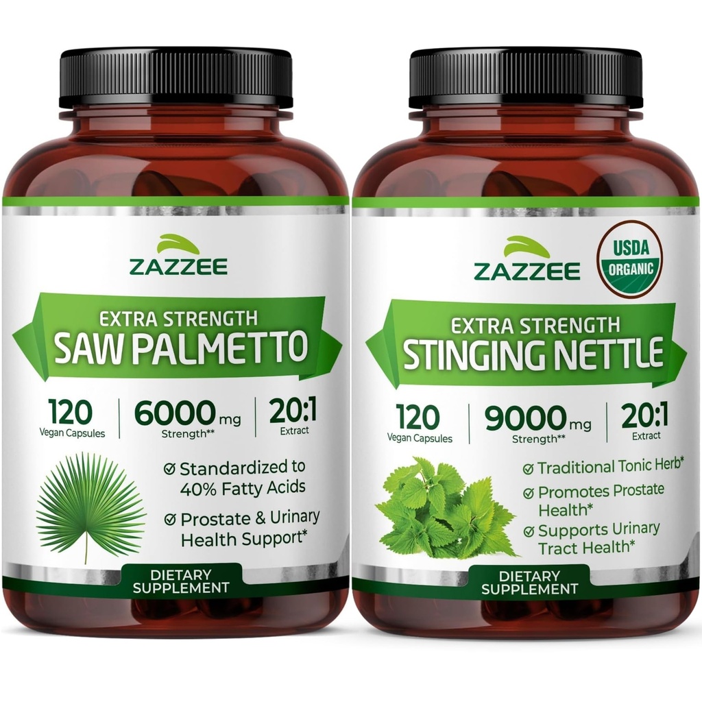 Zazzee Herbal Prostate Support Bundle | Organic Stinging Nettle Extract Plus & 20X Concentrated Saw Palmetto Extract | Non-GMO Vegan & ISO Lab Tested