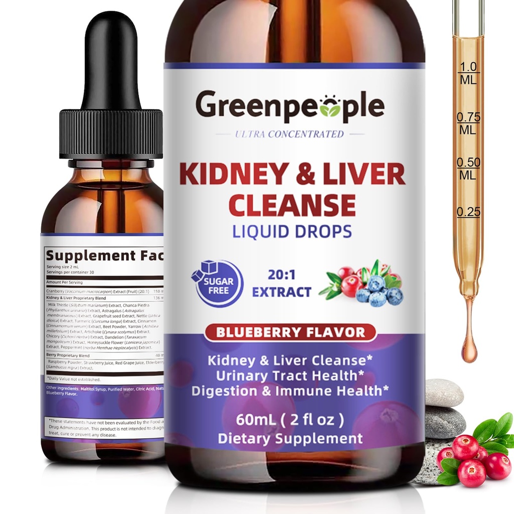 GREENPEOPLE Nyre Rengøring Detox & Reparation - 27- In-1 Nyre & Leverdråber med 20: 1 Cranberry Extract & Chanca Piedra, Alkohol- Gratis supplement til Urinary Tract & Leverstøtte (2 Oz 1 pakke, Blueberry)