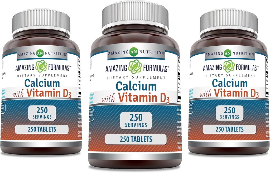 Amazing Formulas Calcium med D3- vitamin Supplement Note 124; Tabletterne er 124; Non- GMO 'er er 124; Gluten- fri er 124; Fremstillet i USA (3 Pack, 250 Tæl)