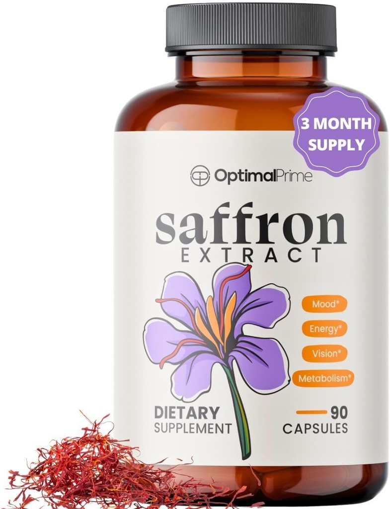 Optimal Prime Saffron Supplement - 100% Pure Saffron Extract 88.5mg - Hjælper Support Optimal Mood, Energi, og Metabolisme, Vegetarisk Friendly, Non- GMO, Gluten- Free, Soy- Free, 90 Kapsler