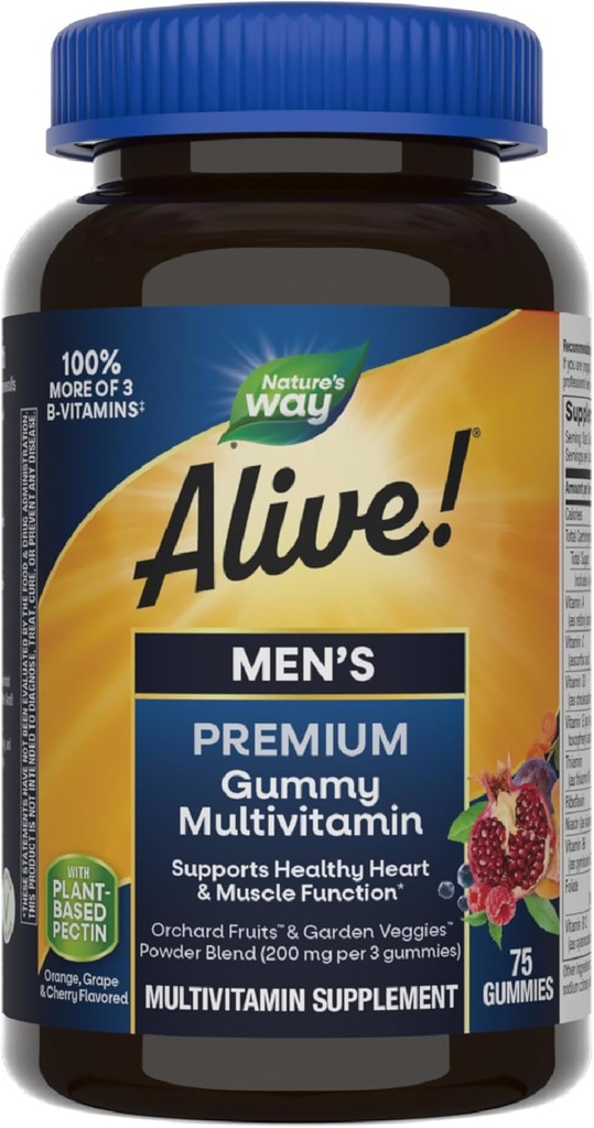 Naturen er i live! Mænds Premium Gummy Multivitamin, understøtter sund hjerte, muskelfunktion *, Full B-Vitamin Complex, Orange, Grape, Cherry Flavored, 75 Gummies (Packaging May Vary)