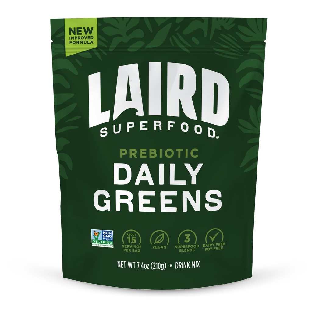 Laird Superfood Prebiotic Daily Greens Powder – Essential Vitamins & Minerals - Prebiotic Fiber, Adaptogen and Fruits & Vegetables – Supports Gut Health – Non-GMO, Vegan - 7.4 oz Bag, Pack of 1