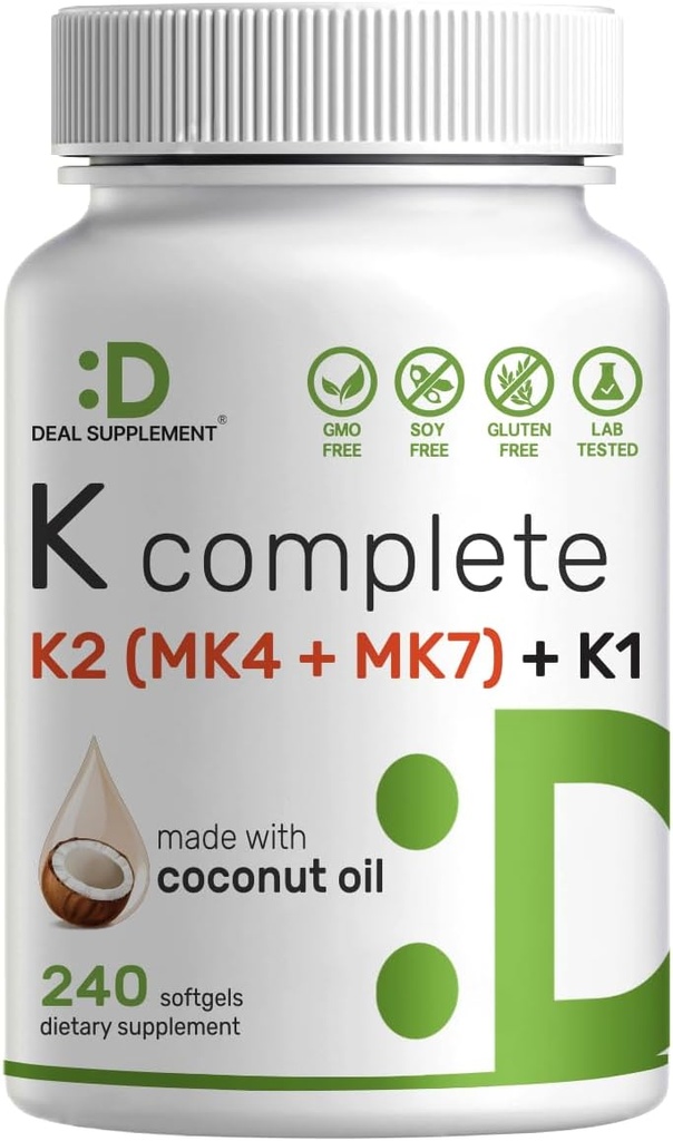 DEAL SUPPLEMENT Vitamin K Complete - 240 Coconut Oil Softgels - 124; High Potency Vitamin K2 (MK- 7 og MK-4) & K1; Full Spectrum Triple Vitamin - 124; Knogler, Fælles, & immunforsvar - Non- GMO