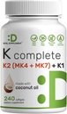 DEAL SUPPLEMENT Vitamin K Complete - 240 Coconut Oil Softgels - 124; High Potency Vitamin K2 (MK- 7 og MK-4) & K1; Full Spectrum Triple Vitamin - 124; Knogler, Fælles, & immunforsvar - Non- GMO