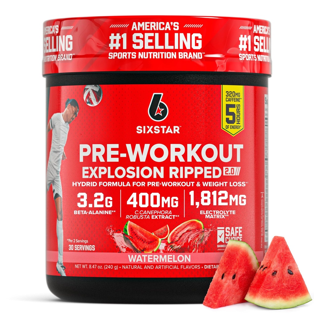 Six Star Pre- Workout Explosion, Watermelon (30 Servere) - Preworkout Energy Powder supplement til mænd og kvinder - Pre Workout drikke mix med Creatin & Beta Alanine - Sport Nutrition produkter