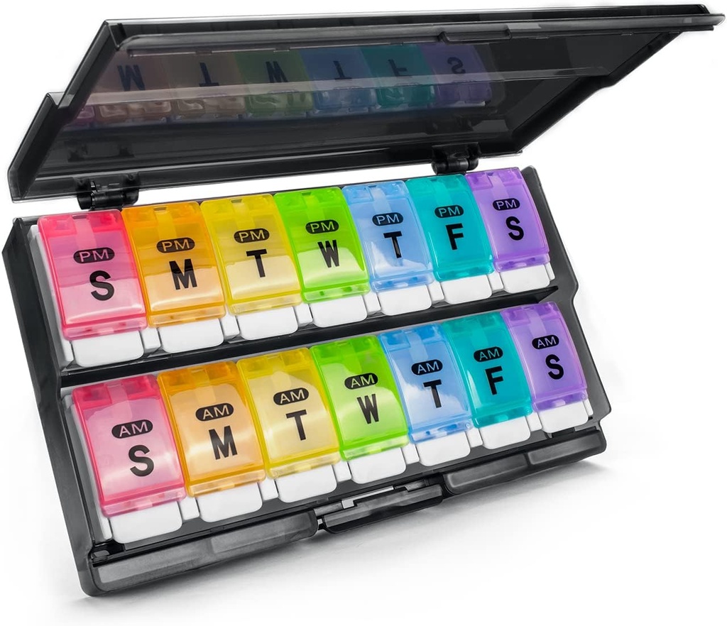 Ekstra stor ugentlig pille Organizer 2 gange om dagen - Remtise Am / Pm Daily Pill Case Medicine Organizer, Push Button 7 Day Pill Box for piller / Vitamin / Torsk Lever Olie / Kosttilskud (Rainbow)