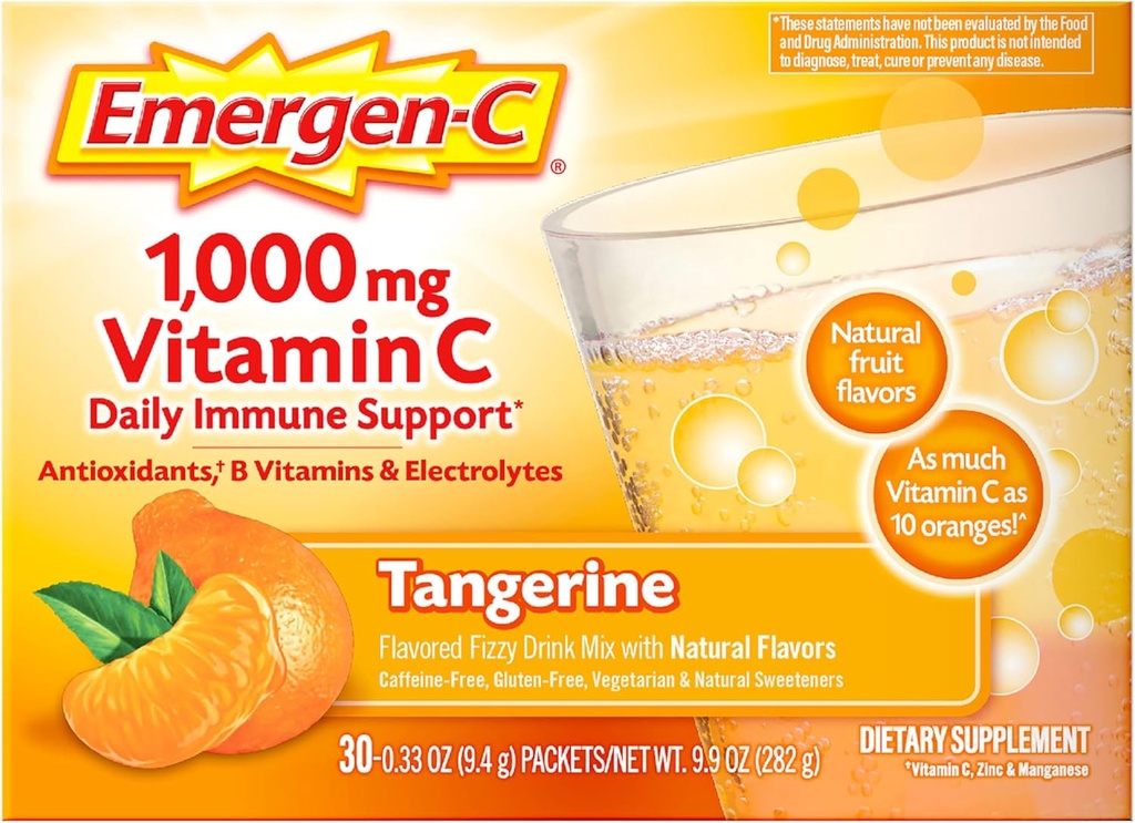 Emergen-C 1000mg Vitamin C Immune Support Powder Tangerine 30CT includes Zinc, Manganese, 7 B Vitamins and Electrolytes for Back to School Essentials