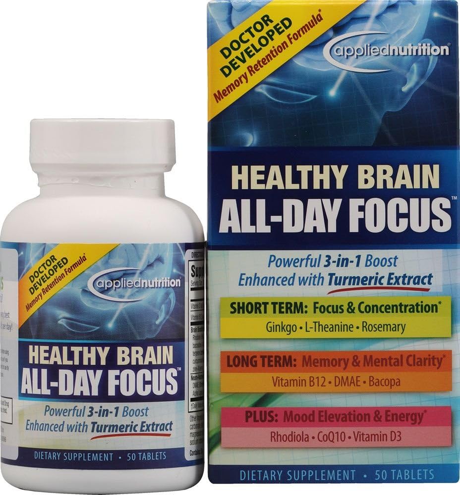 Anvendt Nutrition Sund Hjerne All- Day Fokus - 50 tabletter - Kraftfuld 3-in-1 Hjerne Booster med gurkemeje Uddrag - 25 Servere