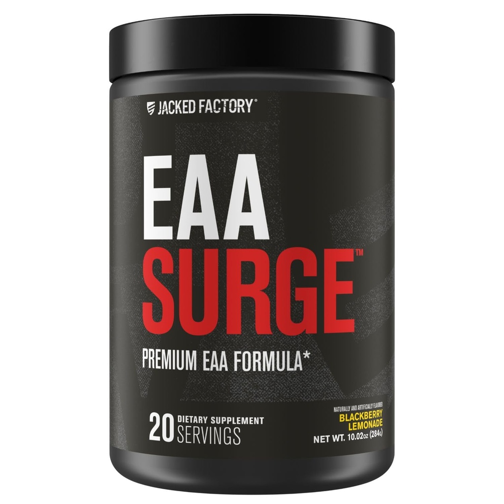 Jacked Factory EAA Surge Essential Amino Acids Powder - EAAS & BCAA Intra Workout Supplement w L-Citrulline, & Taurine for Muscle Building, Strength, Endurance, Recovery - BlackBerry Lemonade 20sv