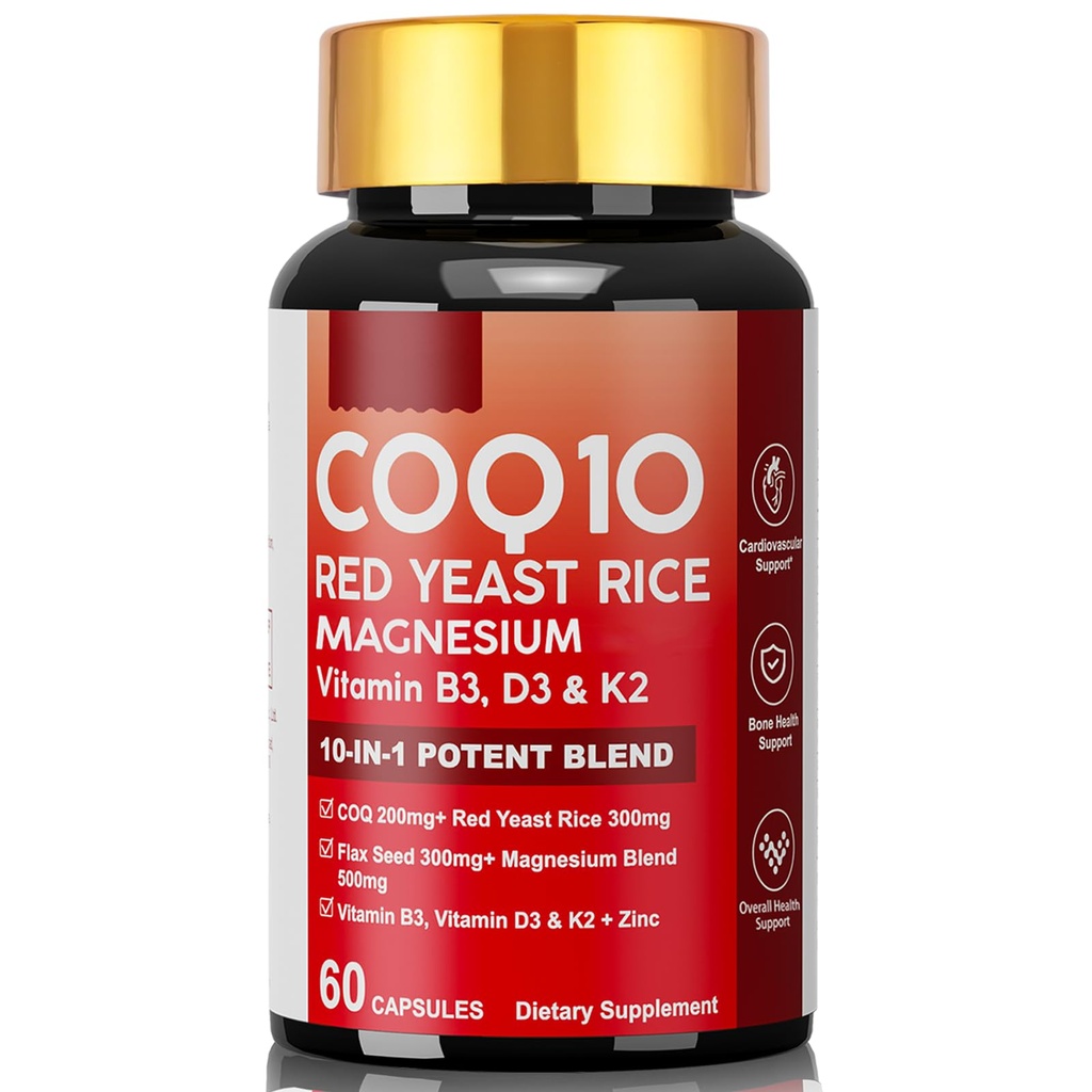 CoQ10 Supplement with Vitamin D3, K2, B3, Zinc, Magnesium Blend, Flax Seed Extract, Red Yeast Rice Extract & Black Pepper Supports Heart Health Energy & Brain Healthy Dietary Supplement