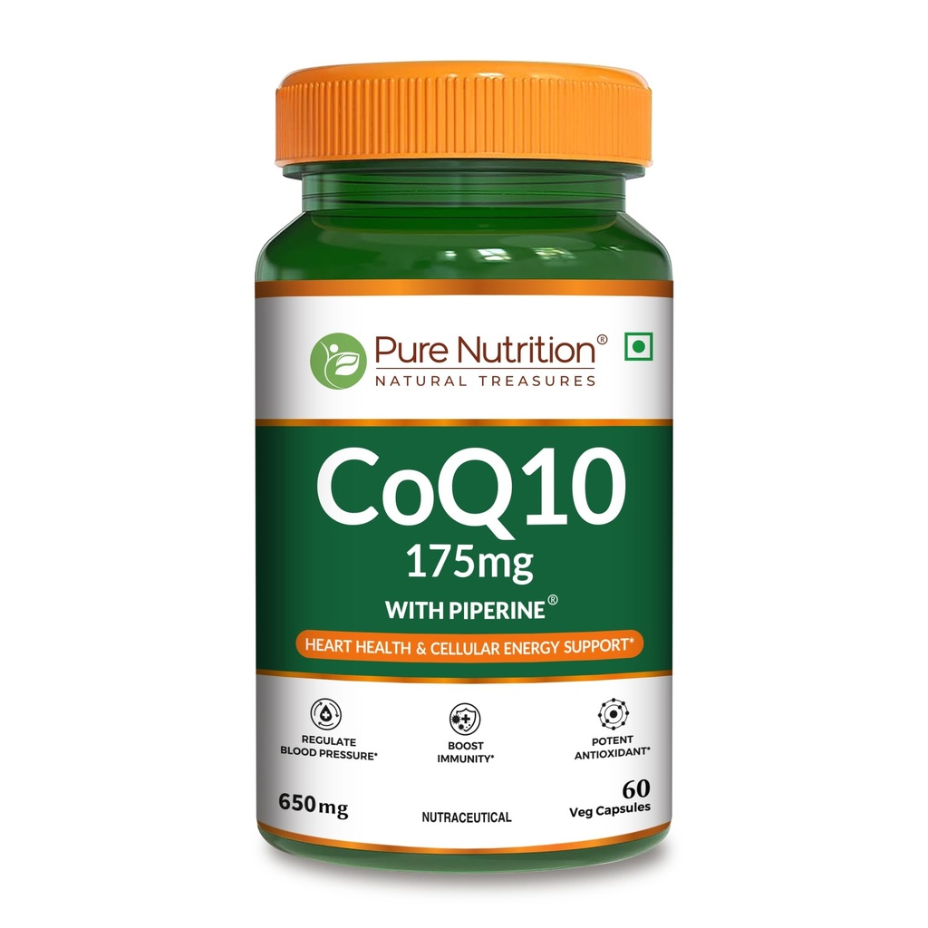 Pure Nutrition Bio Coenzyme Q10 175mg, High Absorption CoQ10 with Bioperine® & Arjuna Extract for Heart Health, Brain Function, Energy & Immune Support | Non GMO | 60 Veg Capsules
